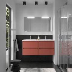 Meuble NOJA rouge mat 4 tiroirs 120 cm avec vasque, miroir et éclairage LED réf 105440 SALGAR