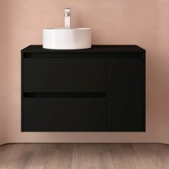 Meuble NOJA 85 cm 2 tiroirs à gauche et 1 porte à droite noir mat avec plan de toilette et sans vasque réf 105482 SALGAR