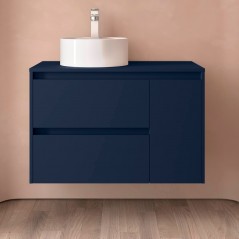 Meuble NOJA 85 cm 2 tiroirs à gauche et 1 porte à droite bleu mat avec plan de toilette et sans vasque réf 105483 SALGAR
