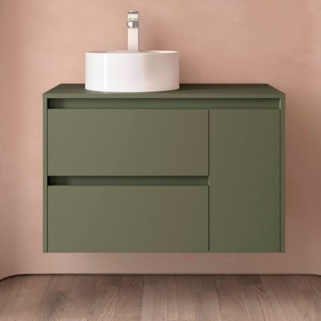 Meuble NOJA 85 cm 2 tiroirs à gauche et 1 porte à droite vert mat avec plan de toilette et sans vasque réf 105484 SALGAR