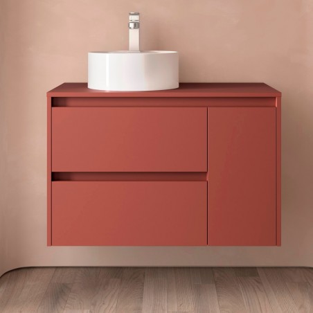 Meuble NOJA 85 cm 2 tiroirs à gauche et 1 porte à droite rouge mat avec plan de toilette et sans vasque réf 105485 SALGAR
