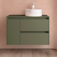 NOJA 85 cm 2 tiroirs à droite et 1 porte à gauche vert mat avec plan de toilette et sans vasque réf 105493 SALGAR