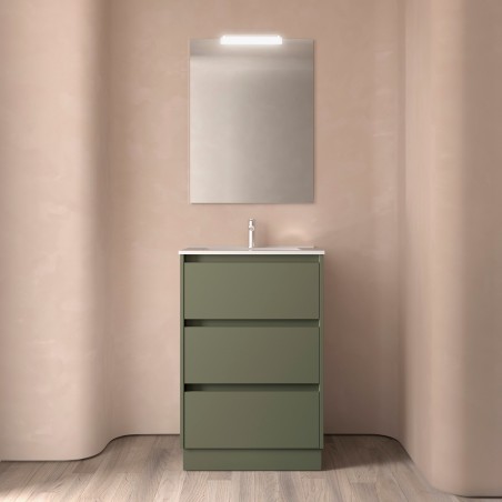 Meuble NOJA vert mat 3 tiroirs 80 cm avec vasque, miroir et éclairage LED réf 105632 SALGAR